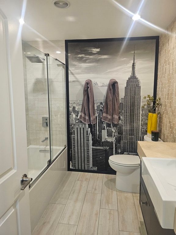 Bathroom, Glass Shower, Interior, Recessed Lighting, Wood Texture Flooring