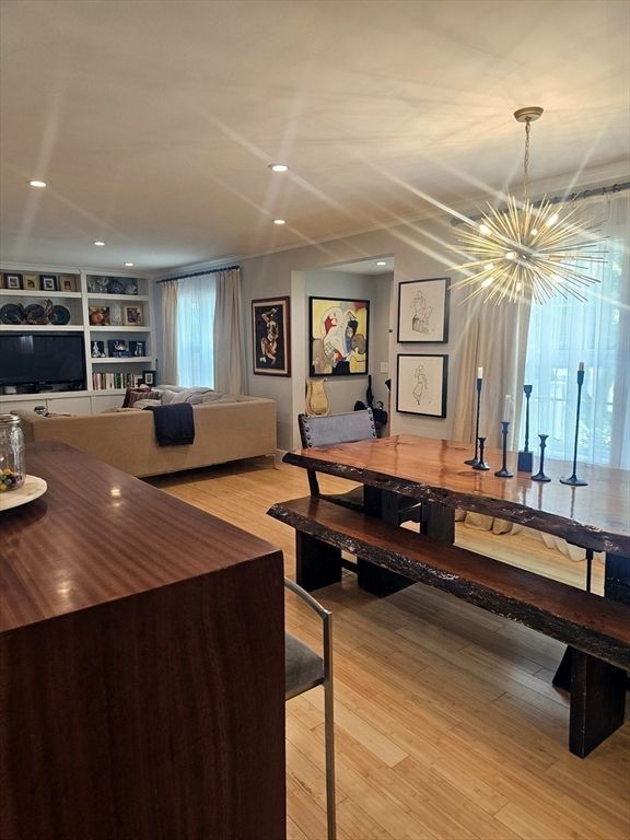 Dining room, Interior, Living room, Pendant Lights, Recessed Lighting, Wood Texture Flooring
