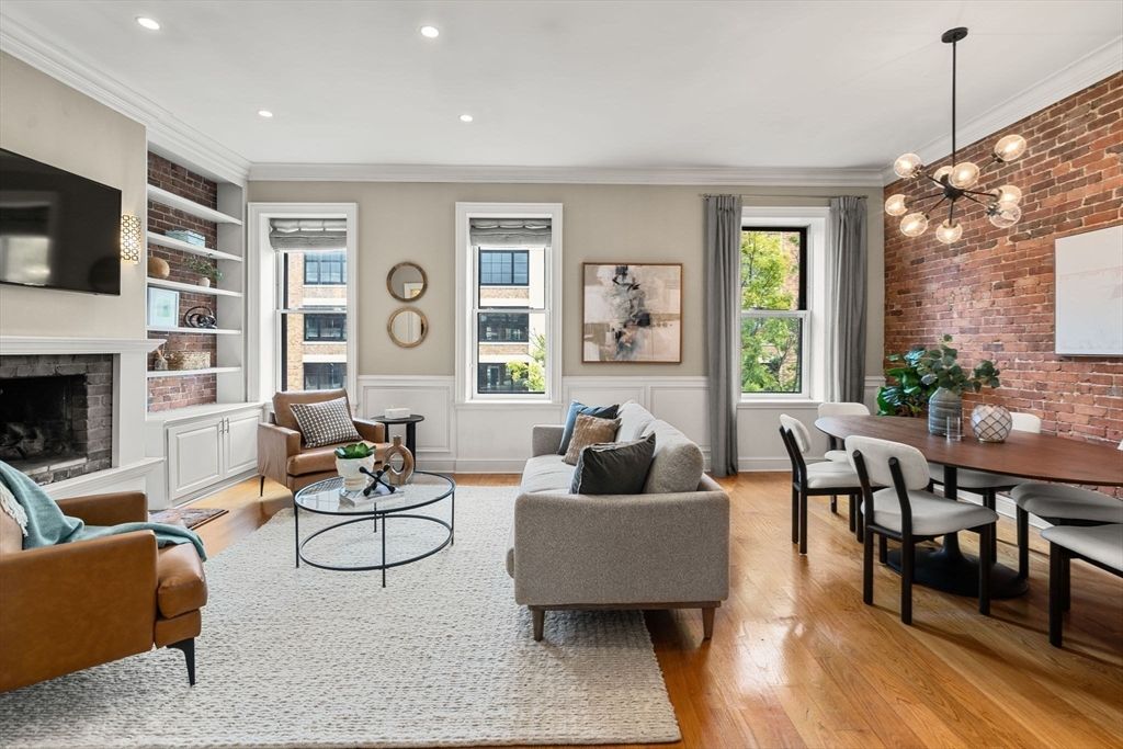 Dining room, Fireplace, Interior, Living room, Pendant Lights, Recessed Lighting, Stone Walls, Wood Texture Flooring