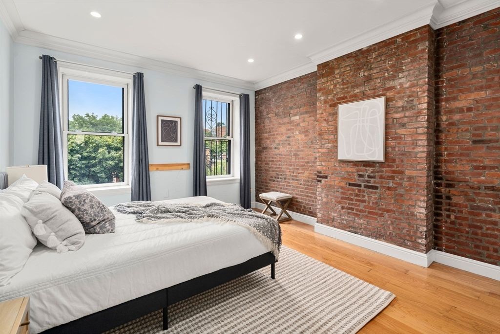 Bedroom, Interior, Recessed Lighting, Stone Walls, Wood Texture Flooring
