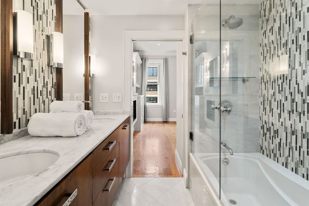 Bathroom, Dual Sink Vanities, Glass Shower, Interior, Recessed Lighting, Wood Texture Flooring