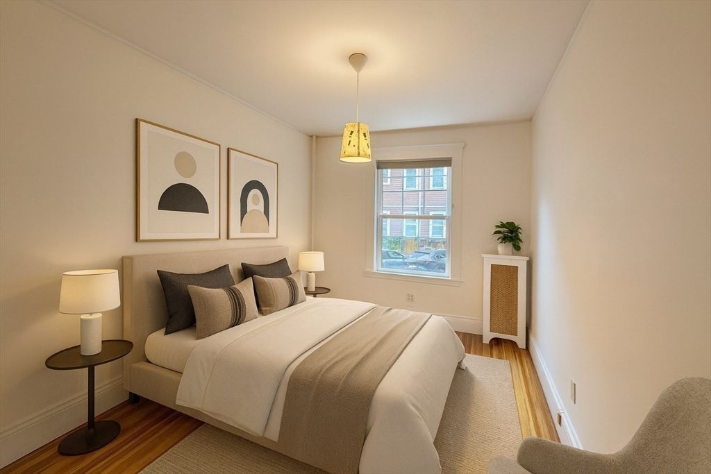 Bedroom, Interior, Pendant Lights, Wood Texture Flooring