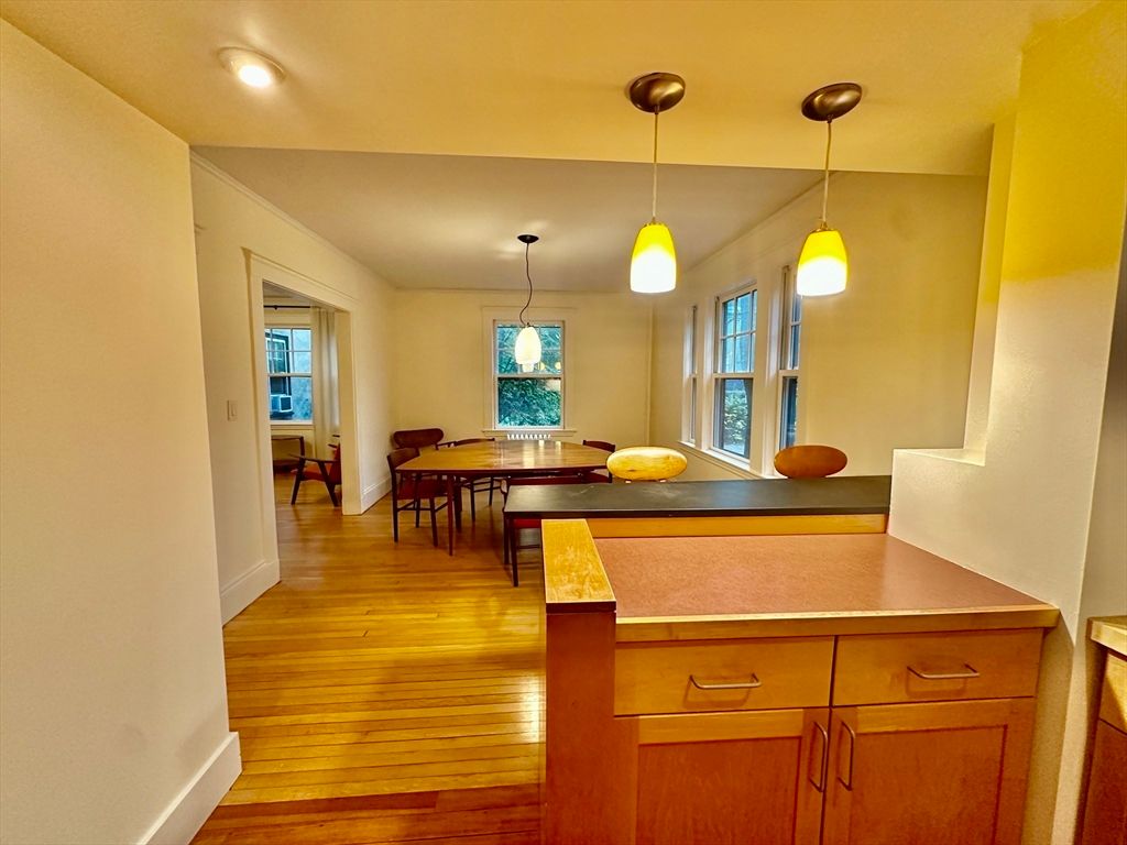 Dining room, Interior, Pendant Lights, Recessed Lighting, Wood Texture Flooring