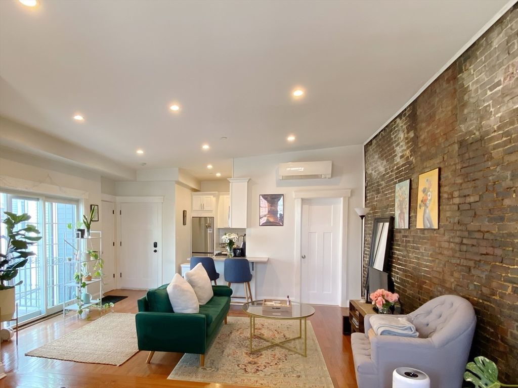 Dining room, Interior, Kitchen, Living room, Recessed Lighting, Stone Walls, Wood Texture Flooring