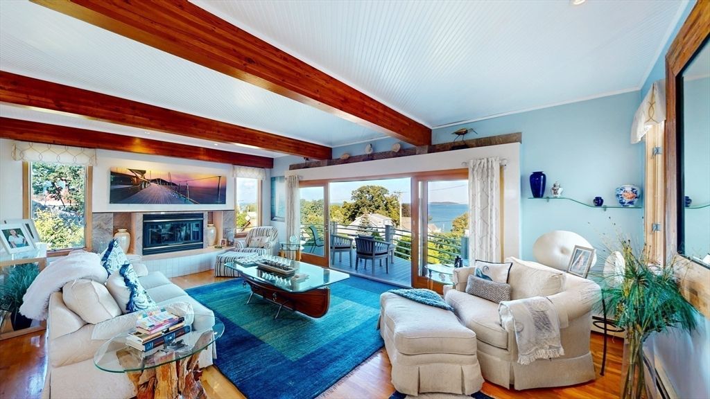 Fireplace, Interior, Living room, Water, Wooden Beams, Wood Texture Flooring