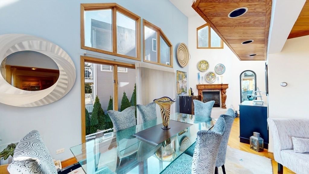 Dining room, Fireplace, Interior, Living room, Recessed Lighting, Wooden Ceilings