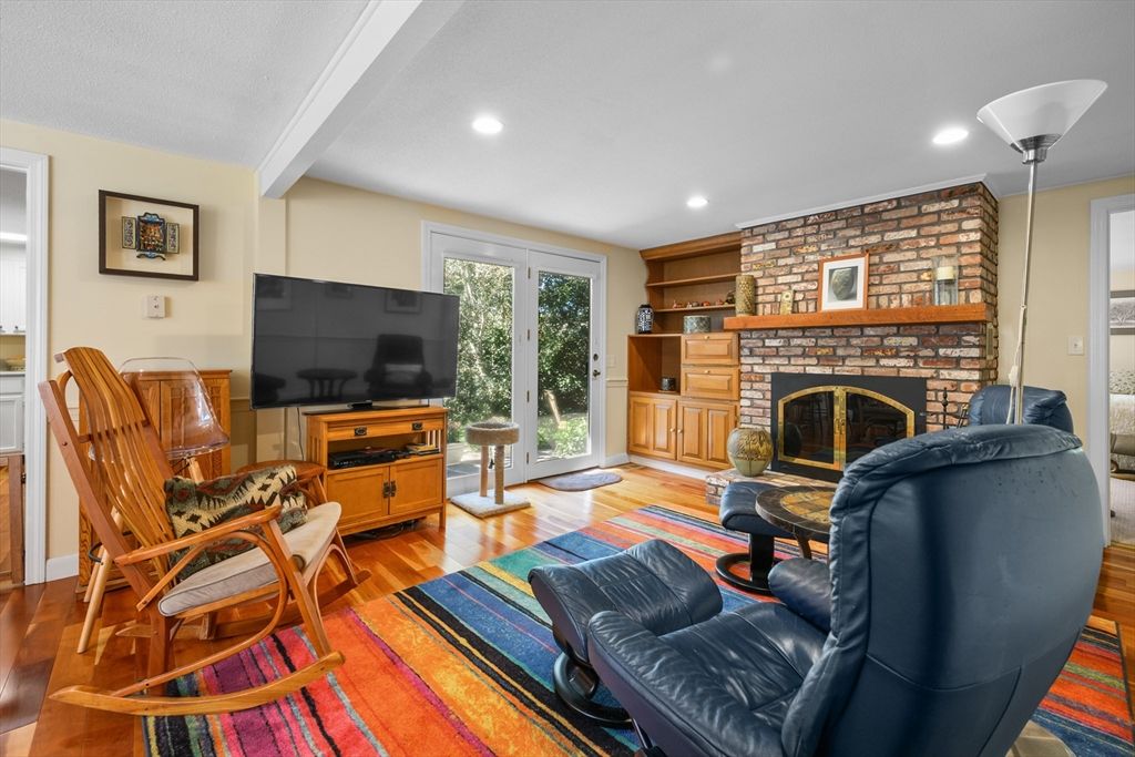 Fireplace, Interior, Recessed Lighting, Stone Walls, Wood Texture Flooring
