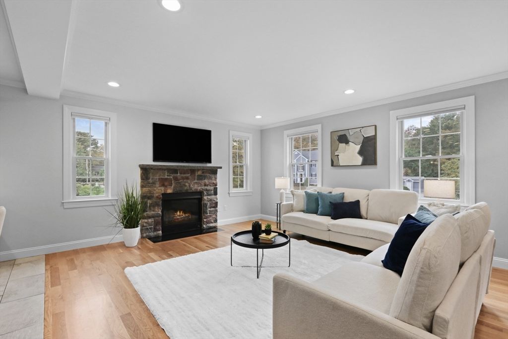 Fireplace, Interior, Living room, Recessed Lighting, Wood Texture Flooring