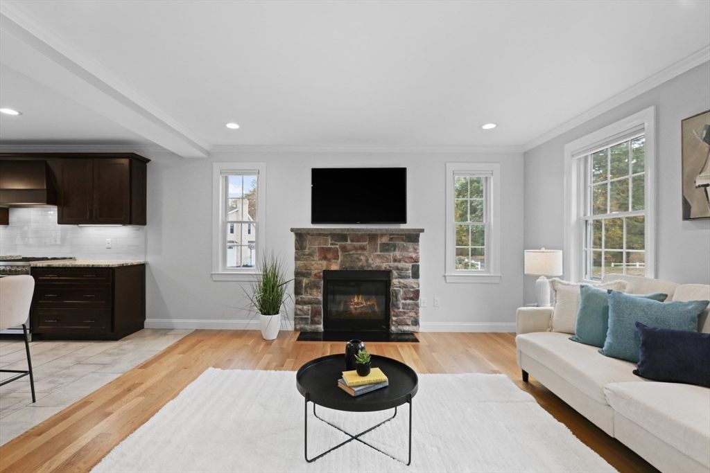 Fireplace, Interior, Kitchen, Living room, Recessed Lighting, Wood Texture Flooring