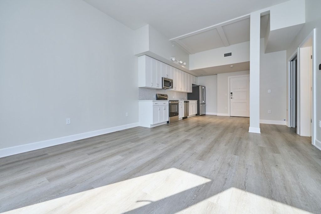 Empty room, Interior, Kitchen, Recessed Lighting, Stainless Steel Appliances, Wood Texture Flooring