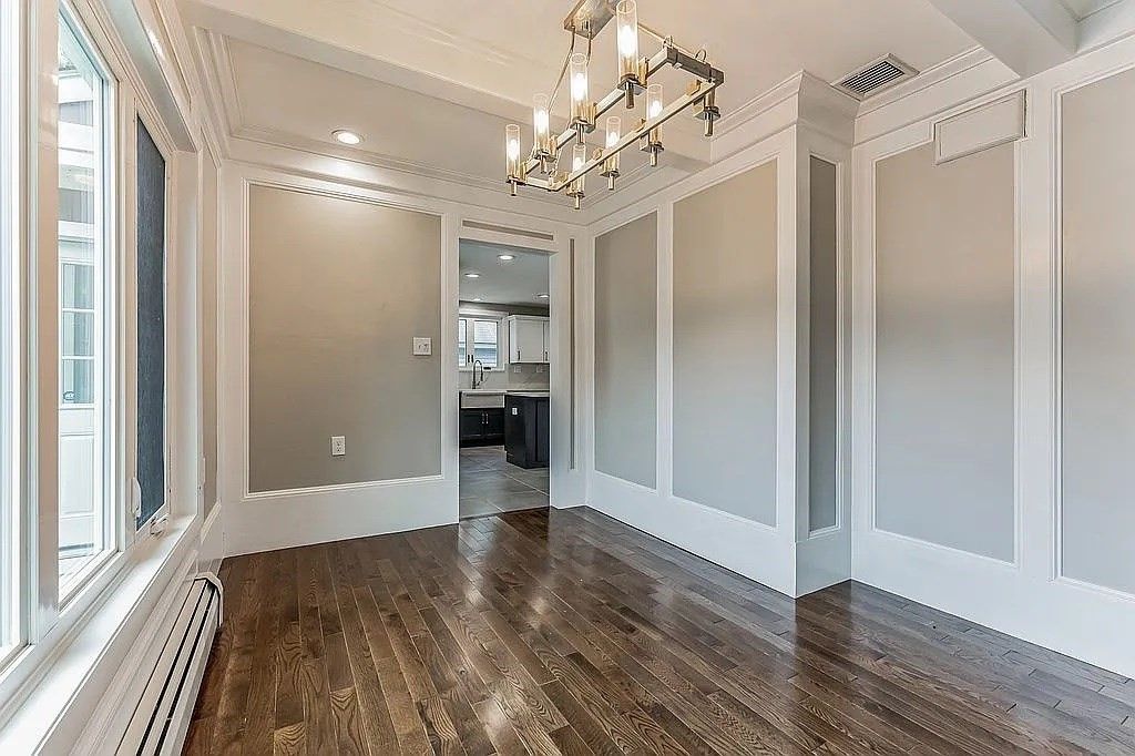 Empty room, Interior, Kitchen, Pendant Lights, Recessed Lighting, Wood Texture Flooring