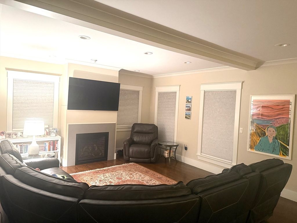 Fireplace, Interior, Living room, Recessed Lighting, Wood Texture Flooring