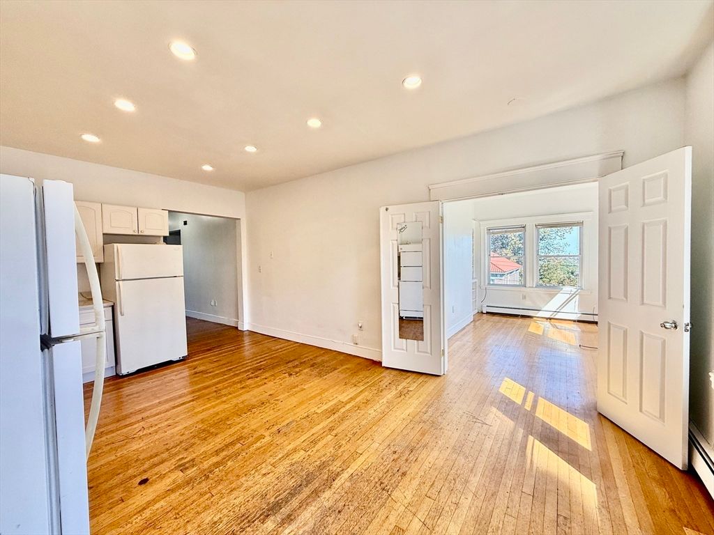 Empty room, Interior, Kitchen, Recessed Lighting, Wood Texture Flooring