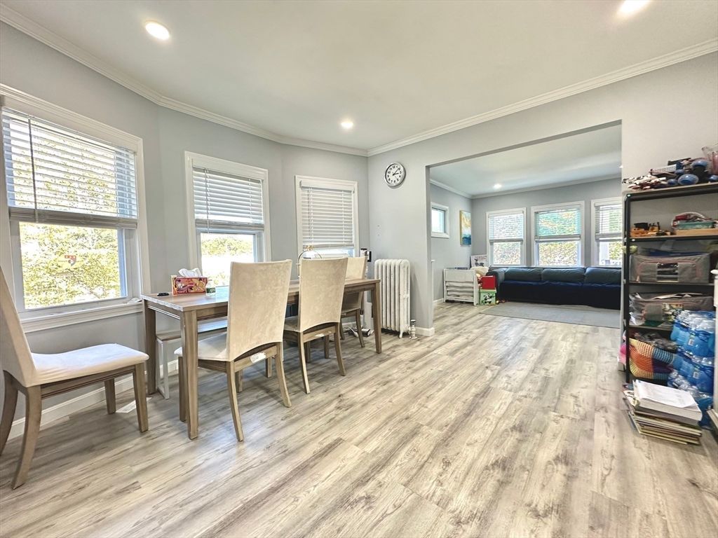Dining room, Interior, Recessed Lighting, Wood Texture Flooring
