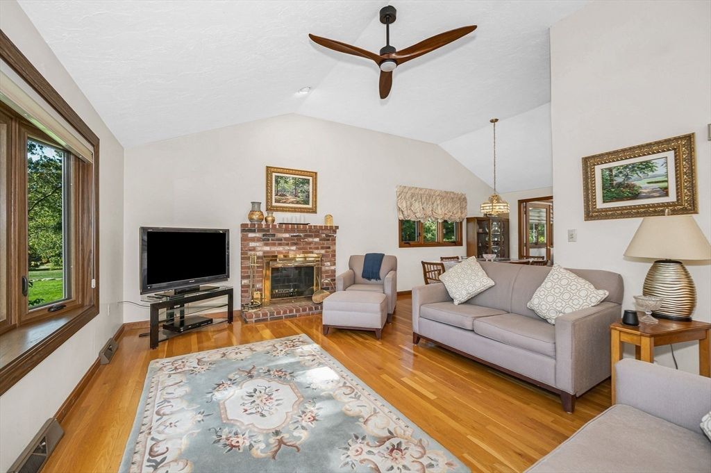 Dining room, Fireplace, Interior, Living room, Pendant Lights, Wood Texture Flooring