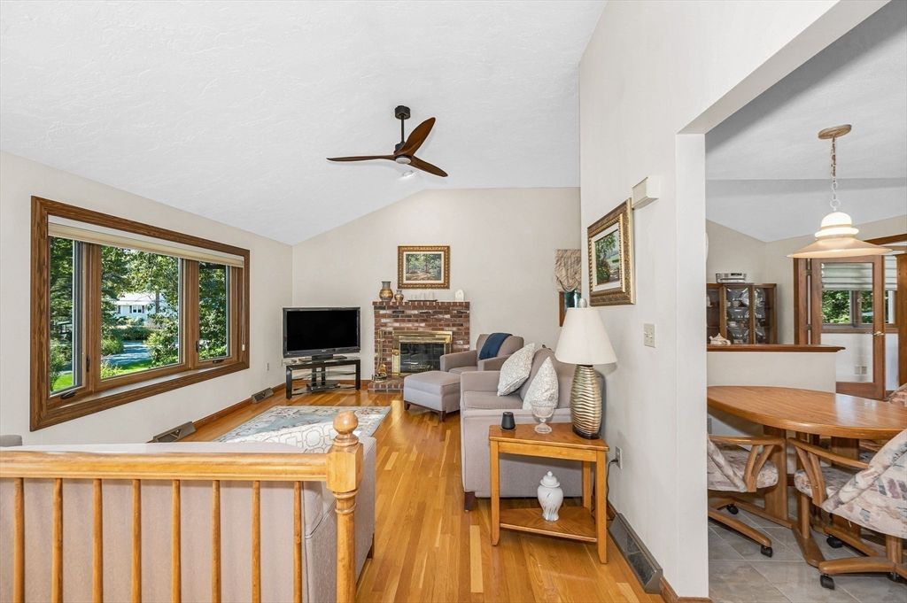 Dining room, Fireplace, Interior, Living room, Pendant Lights, Wood Texture Flooring