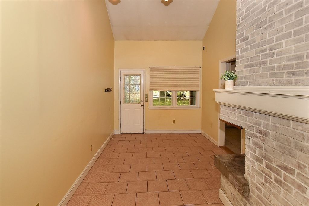 Empty room, Fireplace, Interior, Recessed Lighting, Stone Walls