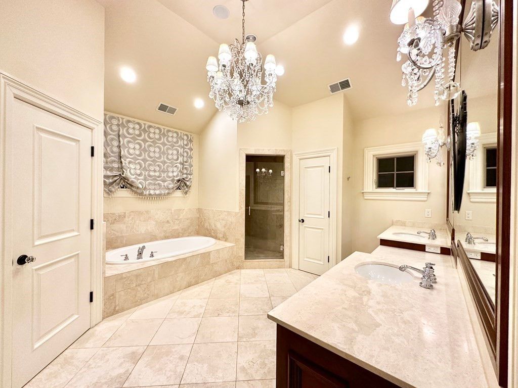 Bathroom, Chandelier, Dual Sink Vanities, Interior, Recessed Lighting
