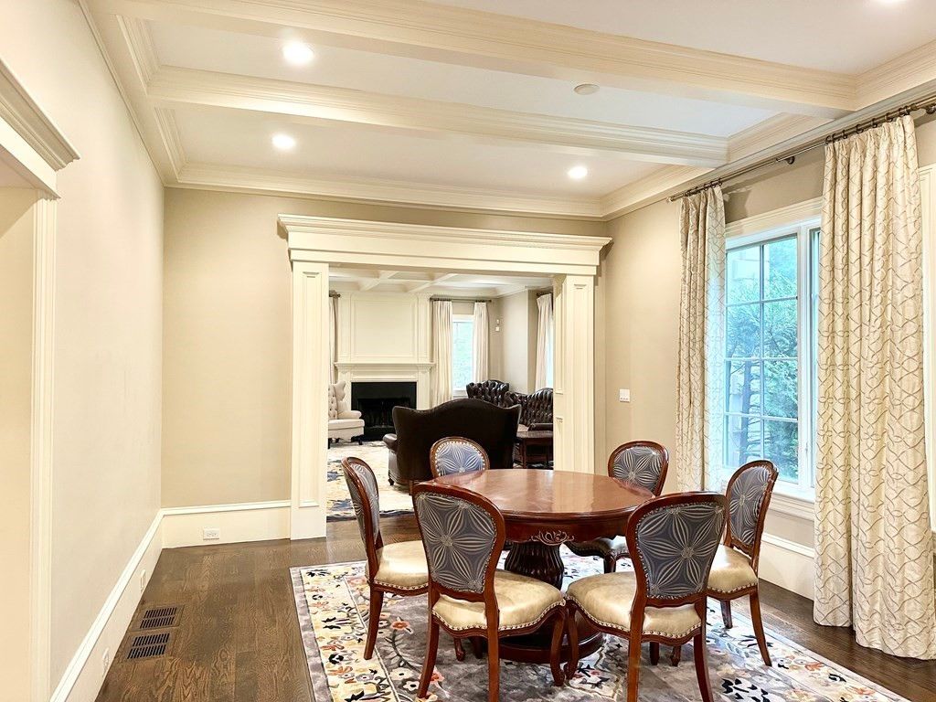 Dining room, Fireplace, Interior, Recessed Lighting, Wood Texture Flooring