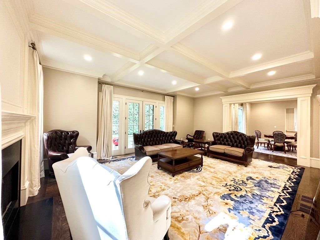 Dining room, Fireplace, Interior, Living room, Recessed Lighting, Wood Texture Flooring