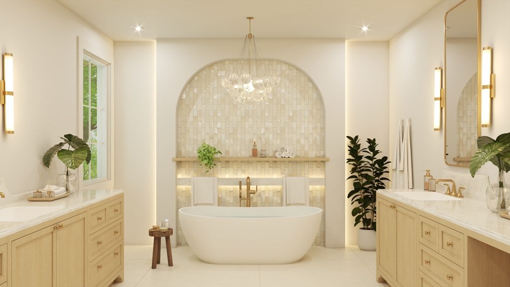 Bathroom, Dual Sink Vanities, Free Standing Baths, Interior, Pendant Lights, Recessed Lighting