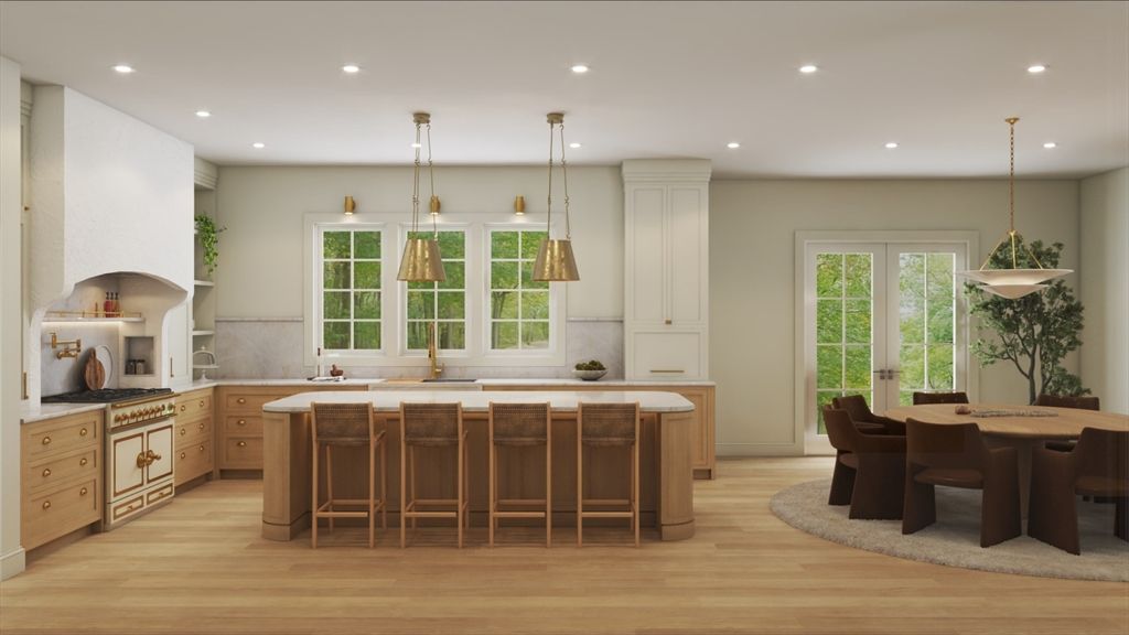 Dining room, Interior, Kitchen, Pendant Lights, Recessed Lighting, Wood Texture Flooring