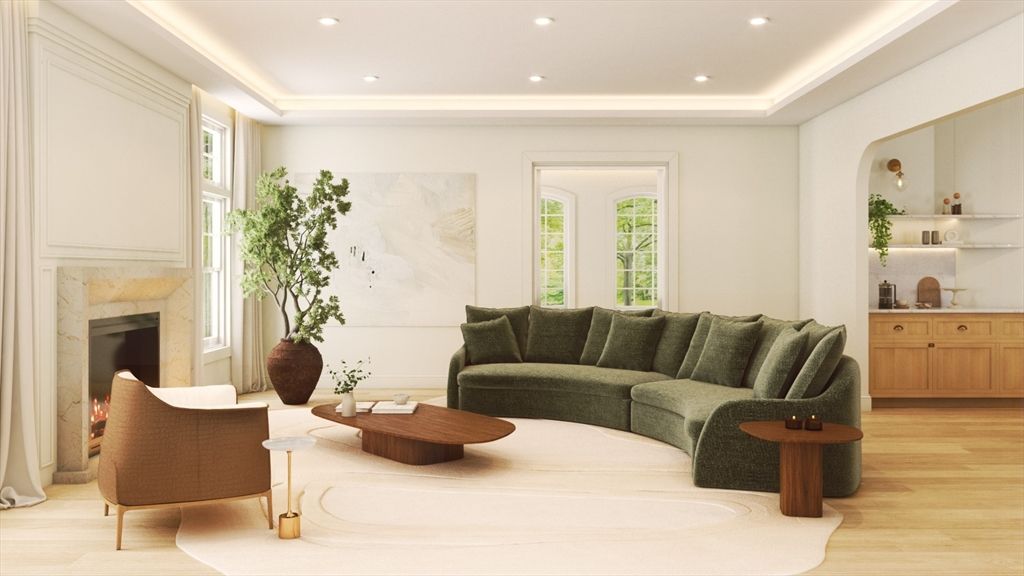 Fireplace, Interior, Living room, Recessed Lighting, Wood Texture Flooring