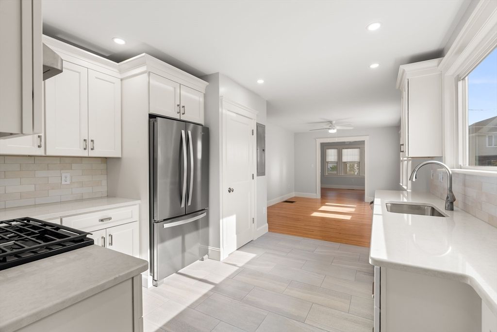 Interior, Kitchen, Recessed Lighting, Stainless Steel Appliances, Wood Texture Flooring