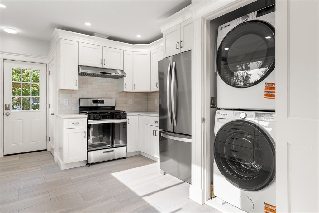 Interior, Kitchen, Recessed Lighting, Stainless Steel Appliances, Washer, Wood Texture Flooring