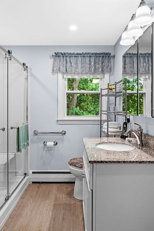 Bathroom, Glass Shower, Interior, Recessed Lighting, Wood Texture Flooring