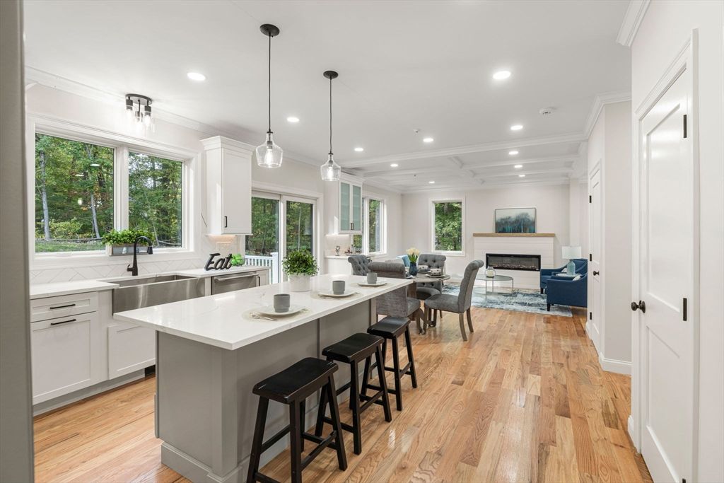 Fireplace, Interior, Kitchen, Living room, Pendant Lights, Recessed Lighting, Wood Texture Flooring