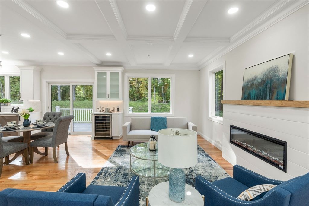 Dining room, Fireplace, Interior, Living room, Recessed Lighting, Wood Texture Flooring