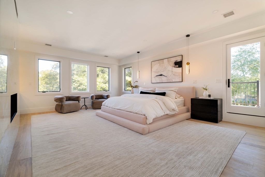Bedroom, Interior, Pendant Lights, Recessed Lighting, Wood Texture Flooring