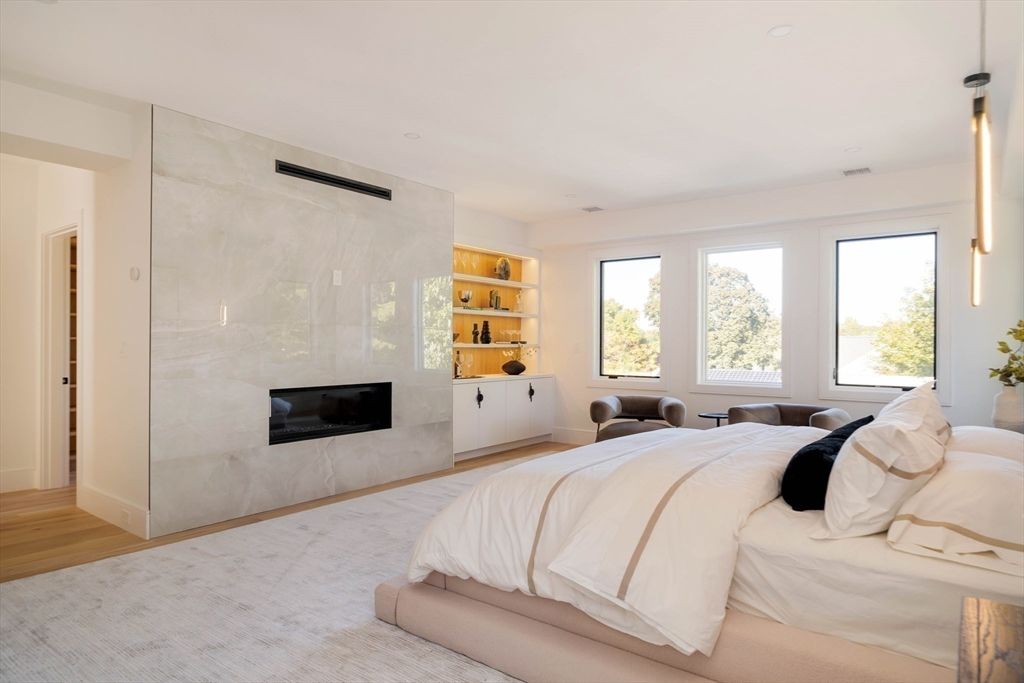 Bedroom, Fireplace, Interior, Pendant Lights, Wood Texture Flooring