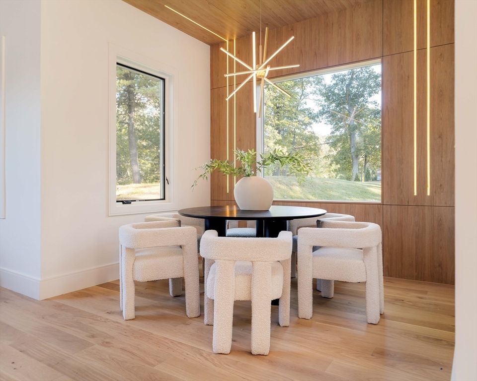 Dining room, Interior, Pendant Lights, Wood Texture Flooring, Wooden Walls