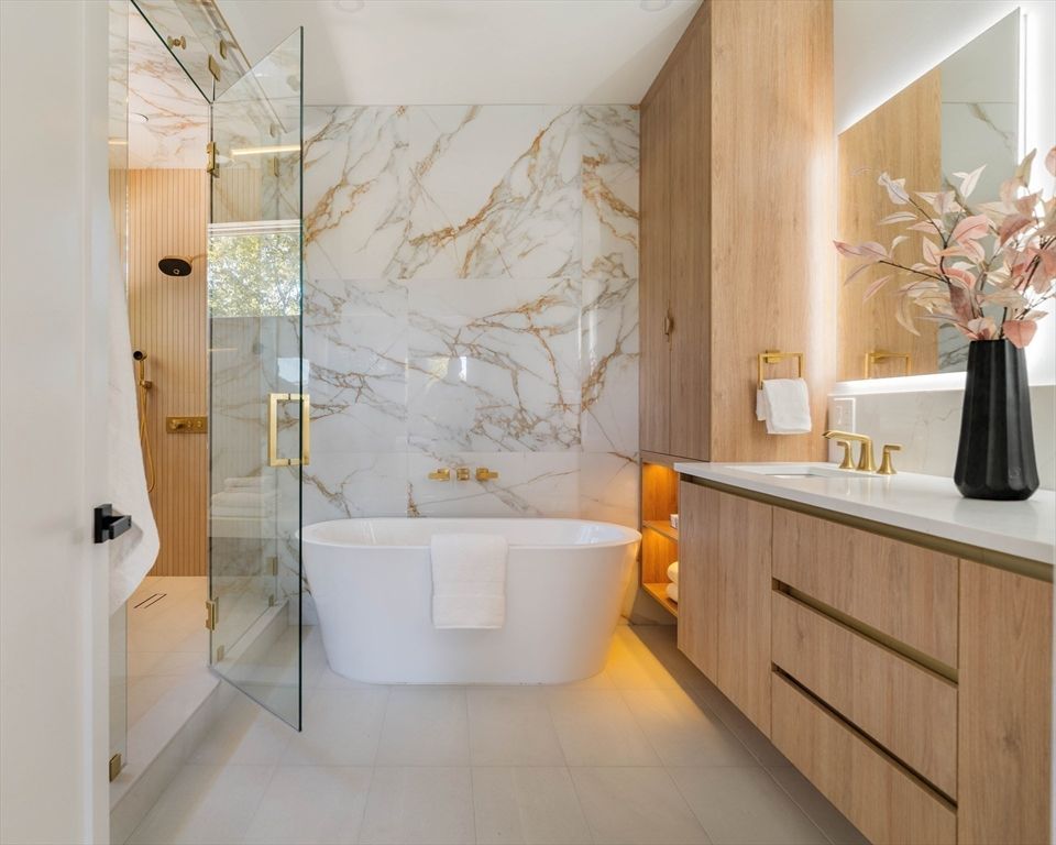 Bathroom, Free Standing Baths, Glass Shower, Interior, Marble Walls