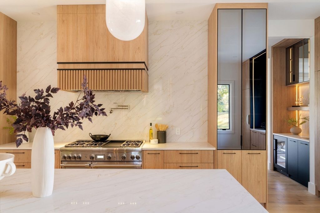 Interior, Kitchen, Marble Walls, Stainless Steel Appliances, Wood Texture Flooring