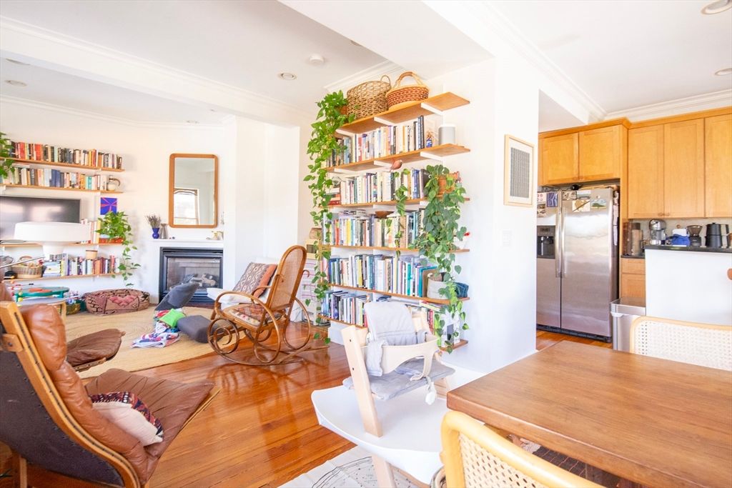 Fireplace, Interior, Kitchen, Living room, Recessed Lighting, Stainless Steel Appliances, Wood Texture Flooring