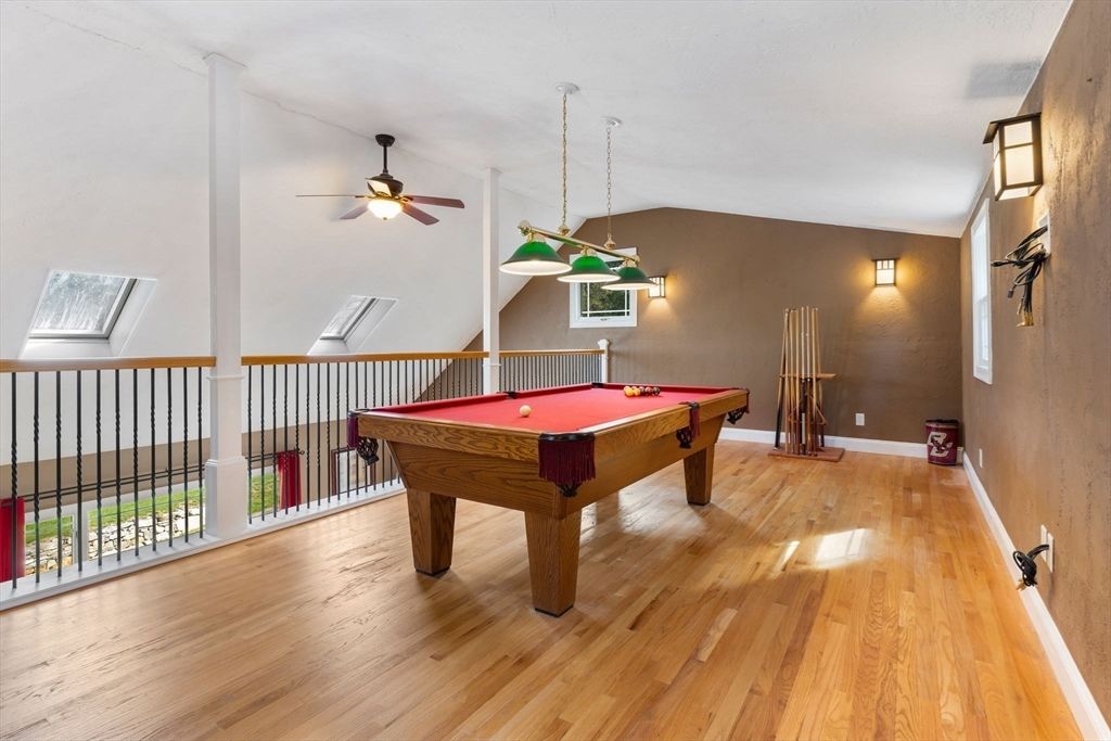 Billiard Table, Game Room, Interior, Pendant Lights, Wood Texture Flooring