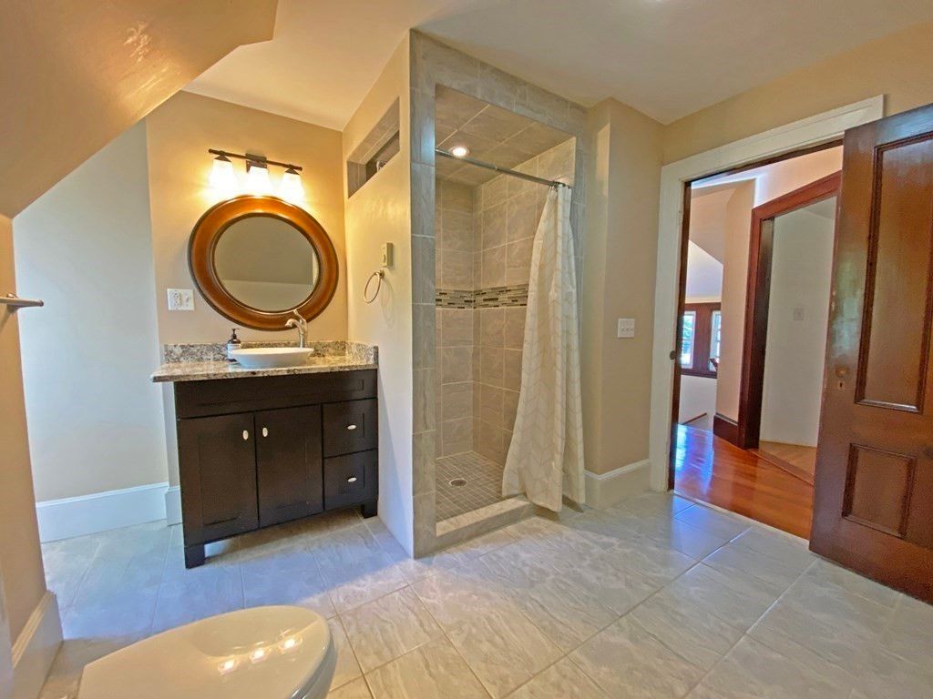 Bathroom, Glass Shower, Interior, Wood Texture Flooring