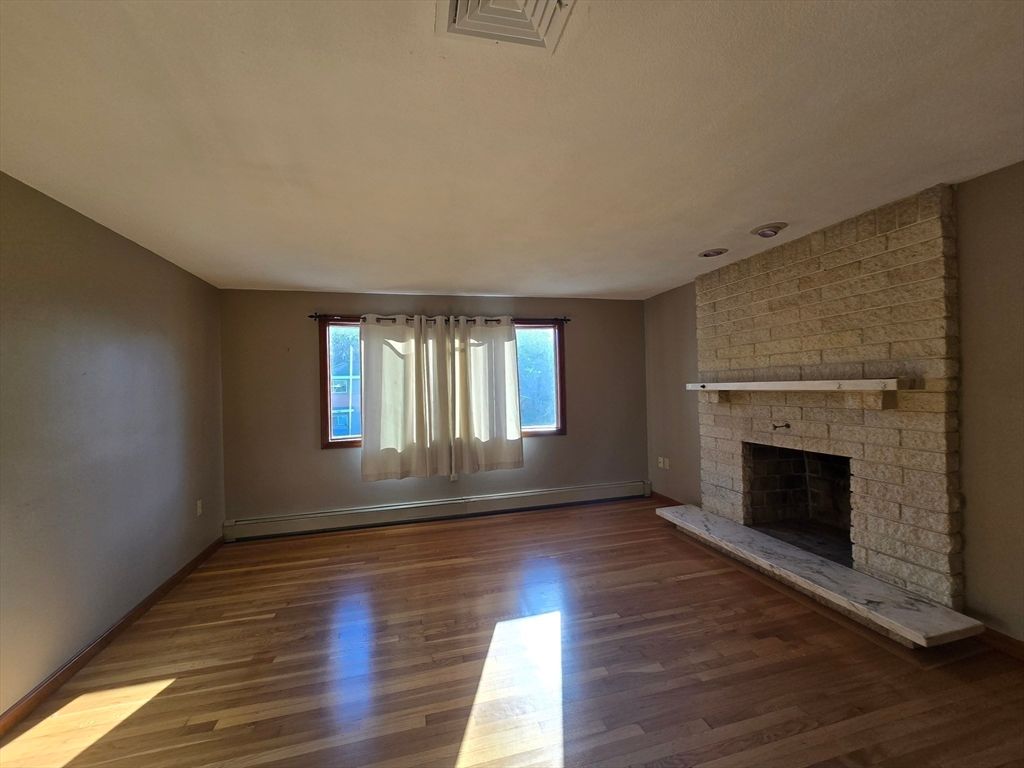 Empty room, Fireplace, Interior, Stone Walls, Wood Texture Flooring