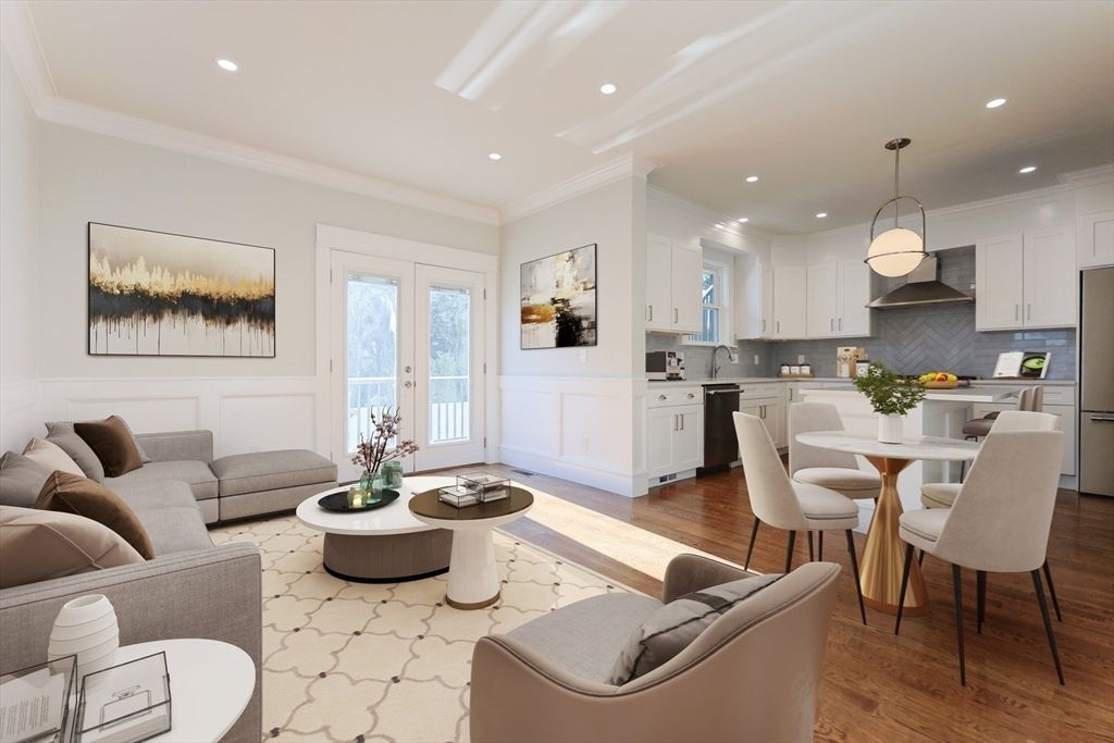Dining room, Interior, Kitchen, Living room, Pendant Lights, Recessed Lighting, Wood Texture Flooring