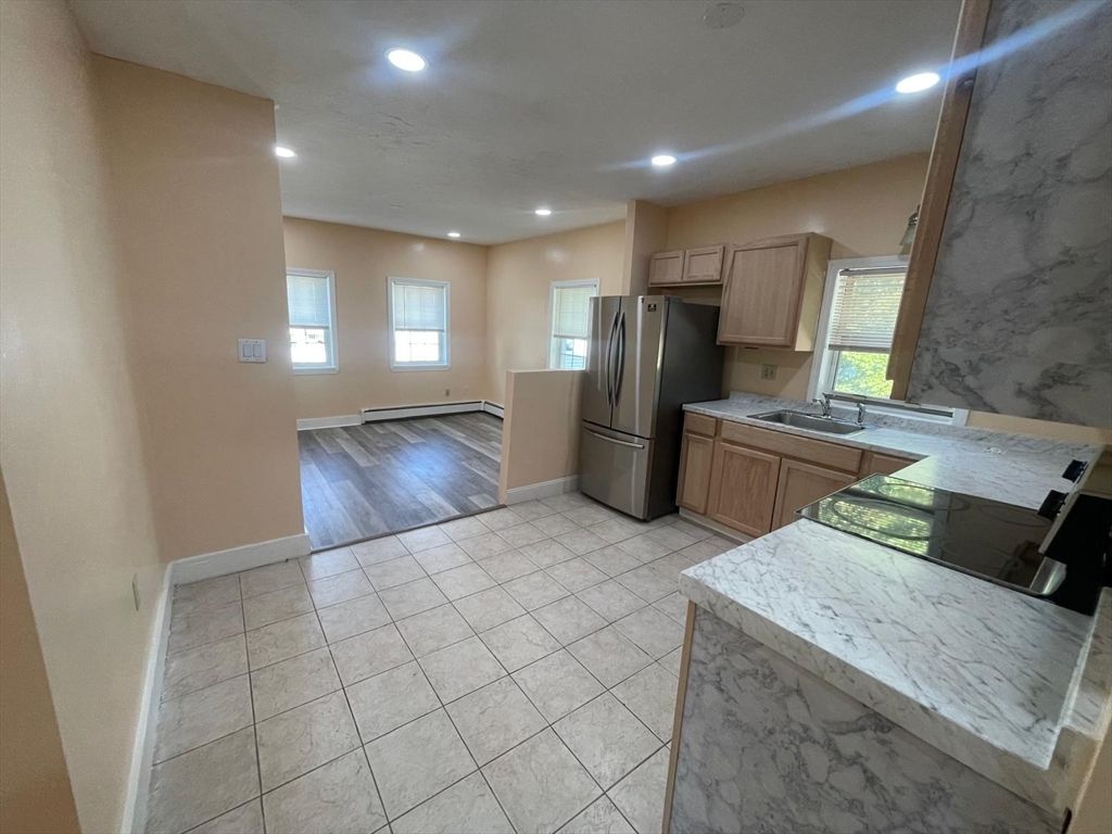 Interior, Kitchen, Marble Walls, Recessed Lighting, Wood Texture Flooring