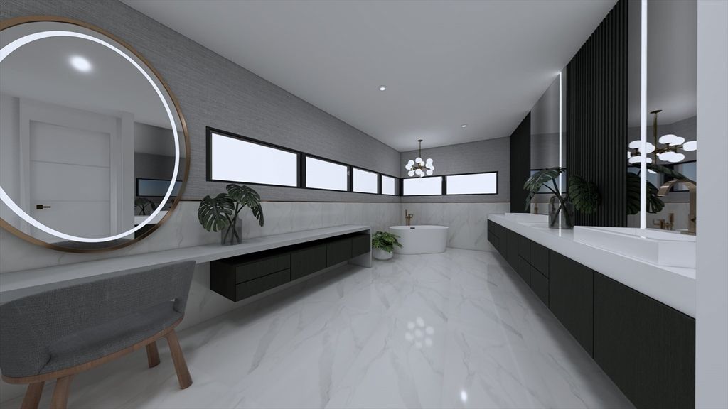 Bathroom, Chandelier, Dual Sink Vanities, Free Standing Baths, Interior, Marble, Recessed Lighting