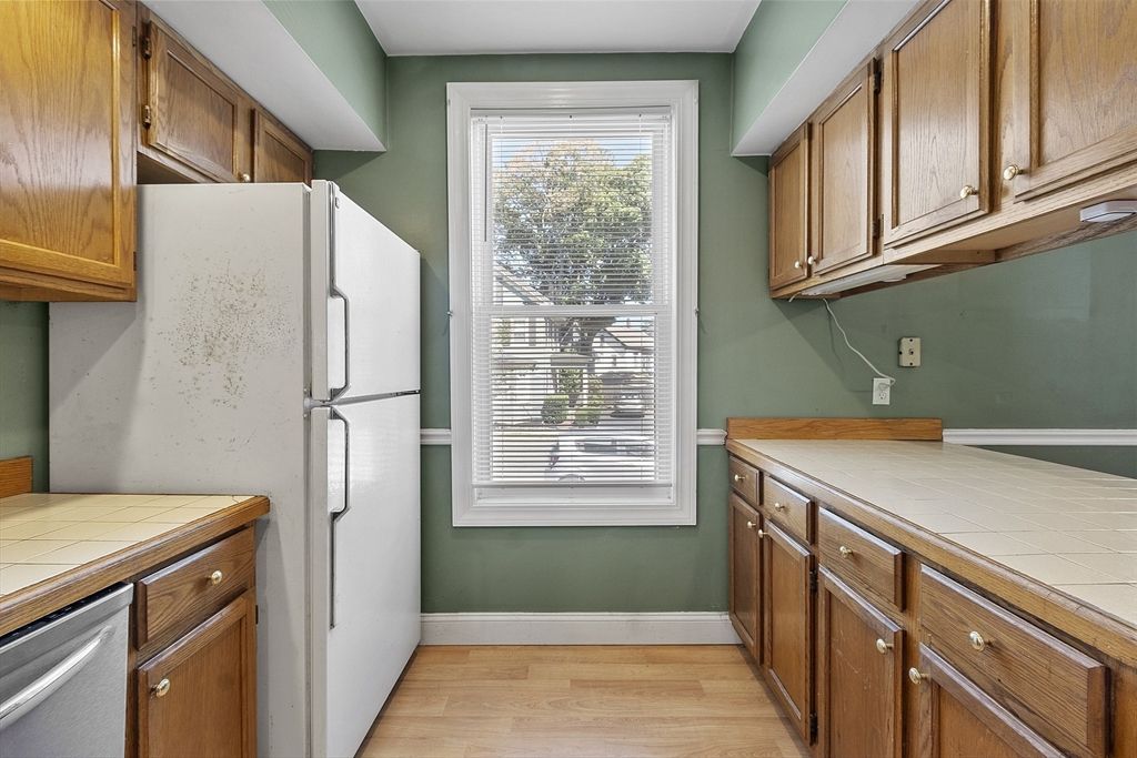 Interior, Kitchen, Tile Countertops, Wood Texture Flooring