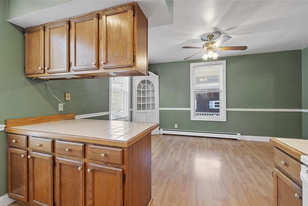 Interior, Kitchen, Tile Countertops, Wood Texture Flooring
