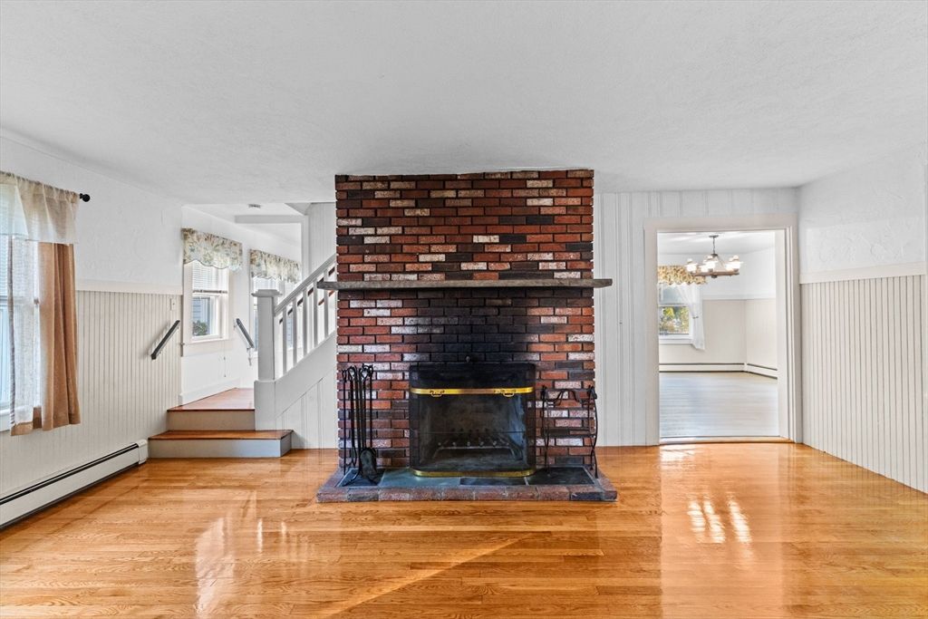 Chandelier, Fireplace, Interior, Stone Walls, Wood Texture Flooring