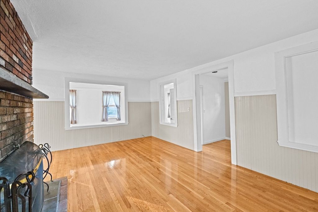 Empty room, Fireplace, Interior, Stone Walls, Wood Texture Flooring