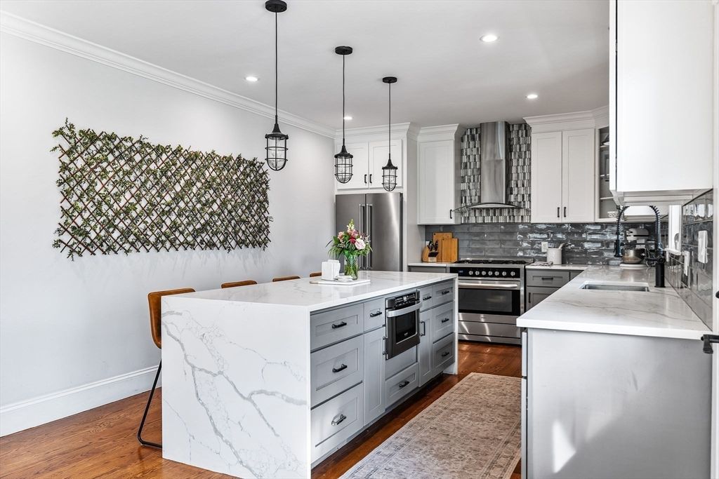 Interior, Kitchen, Pendant Lights, Recessed Lighting, Stainless Steel Appliances, Wood Texture Flooring