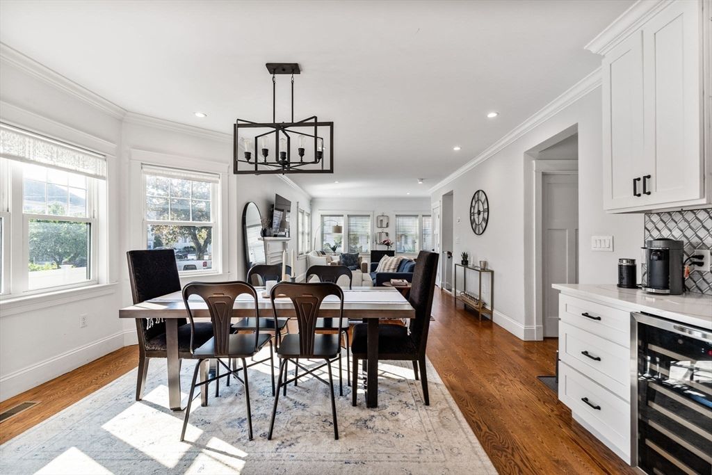 Dining room, Interior, Pendant Lights, Recessed Lighting, Wood Texture Flooring